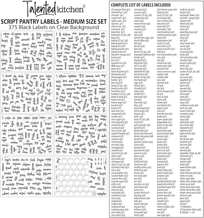 Talented Kitchen Pantry Labels for Containers - 375 PC Clear Vinyl Black Script - Peel & Stick Food Container Labels & Kitchen Pantry Organization Stickers