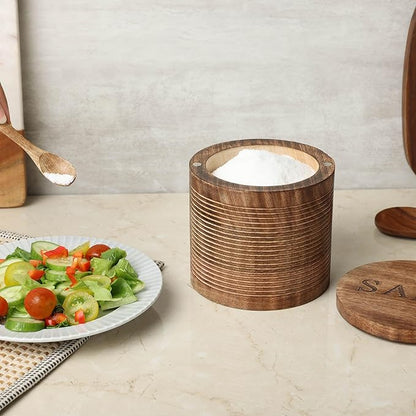 dudki Wooden Salt Box (5 inch x 5 inch) with Magnetic Lid With Wooden Spoon| 800 ML Round Container| Bowl Pot Jar | Textured Salt Box| Kitchen Home| Seasonings