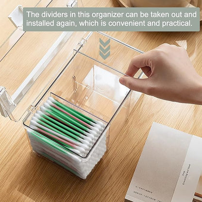 KIMCHOMERSE Large Qtip Holder, Cosmetic Organizer with Carry Handle, Adjustable 3 Compartments Qtip Dispenser for Swabs, Cotton Pads, Small Items Storage Organizer for Desktops and Drawers - Clear