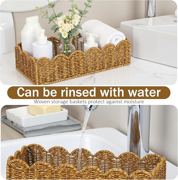 Scalloped Toilet Paper Basket: Water-Resistant Handmade Organizer - Natural Tan for Organic Back of Toilet Tank top & Scandinavian Kitchens 1pack