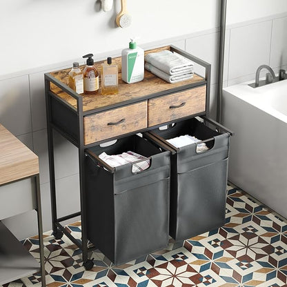 Mondeer Laundry Sorter with 2 Drawers, 100L with Pull-Out Removable Laundry Bags, Laundry Hamper Baskets with 2 Section and Wheels, Rustic Brown and Black