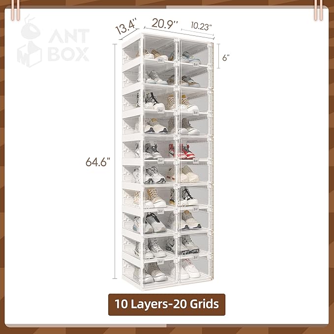 ANTBOX Collapsible Shoe Boxes Clear Plastic Stackable, Quick Setup Drop Front Shoe Organizer, Display Storage Cabinet for Sneakers10 Tiers 20 Pairs