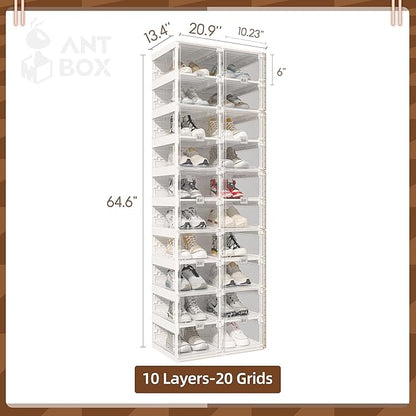 ANTBOX Collapsible Shoe Boxes Clear Plastic Stackable, Quick Setup Drop Front Shoe Organizer, Display Storage Cabinet for Sneakers10 Tiers 20 Pairs