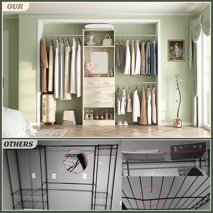 Unikito 8FT Closet System, Customizable 96” Closet Storage Organizer with 25” Tower and 3 Extendable Hanging Rods (Can Be Cut to Fit), Heavy Duty Clothing Racks with 4 Drawers and Shelves, White Oak