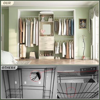 Unikito 8FT Closet System, Customizable 96” Closet Storage Organizer with 25” Tower and 3 Extendable Hanging Rods (Can Be Cut to Fit), Heavy Duty Clothing Racks with 4 Drawers and Shelves, White Oak