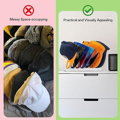 Hat Organizer for Baseball Caps, No Install Acrylic Hat Rack & Holder, 2-Pack Clear Storage Stand Holds 14 Hats for Closet, Bedroom Display