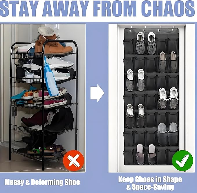 Meolsaek Over the Door Shoe Organizer with 40 Breathable Mesh Pockets, Hanging Shoe Organizer for Door with 4 Metal Hooks, Shoe Organizer for Closet, Bedroom, Bathroom, Pantry (Black, 24)