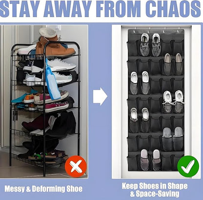 Meolsaek Over the Door Shoe Organizer with 40 Breathable Mesh Pockets, Hanging Shoe Organizer for Door with 4 Metal Hooks, Shoe Organizer for Closet, Bedroom, Bathroom, Pantry (Black, 24)
