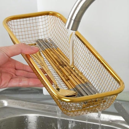 Gold Kitchen Drawer Organizer, Stackable Mesh Storage Baskets, Stainless Steel Silverware Organizer for Holding Knife Fork Spoon, 12.5"x5"x2.5", Pack of 2