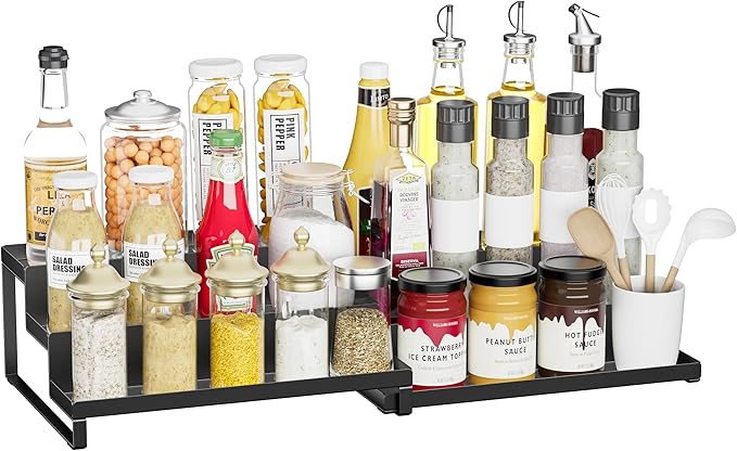 BOIVSHI Spice Rack Organizer for Cabinet, Expandable 3 - Tiered Spice Rack, Metal Spice Organizer, Spice Shelf Organizer for Cabinet, Countertop, Pantry, Cupboard, Black