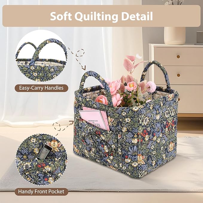 Storage Basket Boho Fabric Large Collapsible Floral Laundry Nursery Hamper Portable Folding Storage for Clothes Toys (Blue)