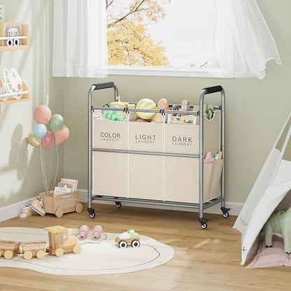 Tajsoon 3 Bag Laundry Sorter Cart, Laundry Hamper Sorter Basket with Heavy Duty Lockable Rolling Wheels for Clothes Storage, Beige