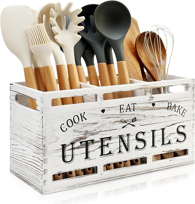 Wood Large Utensil Holder for Kitchen Counter Spatula Holder Cooking Utensils Organizer Farmhouse Utensil Caddy Rustic White Kitchen Decor Tools Gift Wooden Countertop Cutlery Caddy Spoon Holder