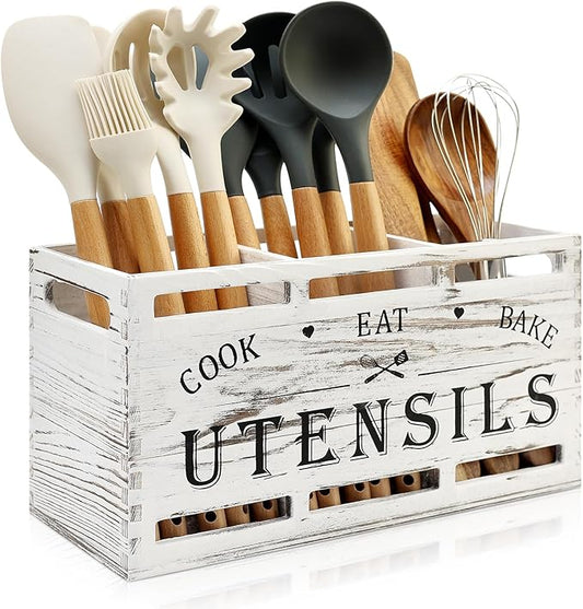 Wood Large Utensil Holder for Kitchen Counter Spatula Holder Cooking Utensils Organizer Farmhouse Utensil Caddy Rustic White Kitchen Decor Tools Gift Wooden Countertop Cutlery Caddy Spoon Holder