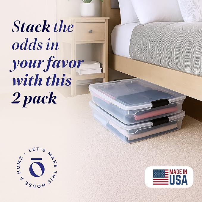 HOMZ 2-Pack Under Bed Storage, Clear Plastic Containers with Lids, 56 Quart, Gray Latch - Stackable Underbed Organizer Bins for Shoes, Bags, Clothes, and Towels
