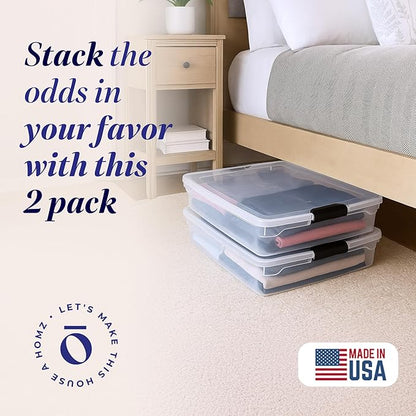 HOMZ 2-Pack Under Bed Storage, Clear Plastic Containers with Lids, 56 Quart, Gray Latch - Stackable Underbed Organizer Bins for Shoes, Bags, Clothes, and Towels