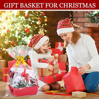 AFOROEOA 10PACK Baskets For Gifts Empty, 10 x 8”Thick Red Gift Basket with 10 Clear Gift Bags and 10 Pull Bows, Empty Gift Baskets for Christmas, Thanksgiving Wedding Birthday Party Wrapping Gift