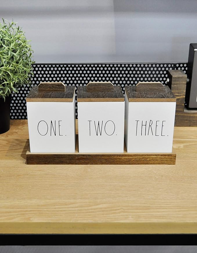 Rae Dunn Bathroom Containers for Organizing - Storage Canister Set of 3 with Lids and Wood Tray - Home Decor, Bathroom Vanity Organizer, Toilet Tank Topper, Makeup and Accessories Holder
