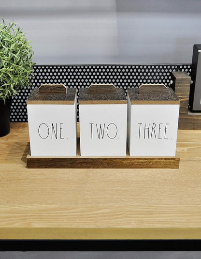 Rae Dunn Bathroom Containers for Organizing - Storage Canister Set of 3 with Lids and Wood Tray - Home Decor, Bathroom Vanity Organizer, Toilet Tank Topper, Makeup and Accessories Holder