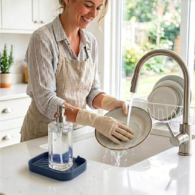 MicoYang Silicone Bathroom Soap Dishes with Drain Spout-Kitchen Sink Organizer,Sponge Holder,Dish Soap Tray,Perfect for Dispenser,Scrubber,Bottle,Cup on Sink or Counter-Navy Blue 4.9"×3.2"