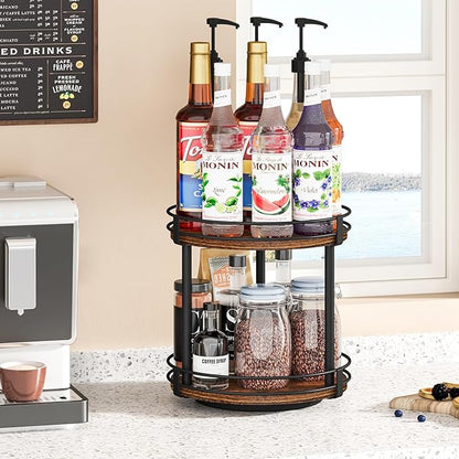 Snughome Rotating Spice Rack, 2 Tier Lazy Susan Organizer, Wood Kitchen Countertop Organizer, Brown Lazy Susan Turntable for Cabinet, 10.2" x 10.2" x 10.4"