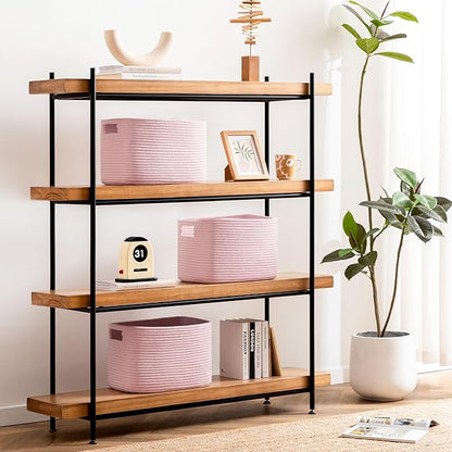 UBBCARE 4 Pack Storage Baskets for Organizing, Shelf Baskets with Handles, Woven Storage Baskets for Bookcase/Cube Shelf/Closet, 14.5"L x 9.8"W x 9"H, Pink