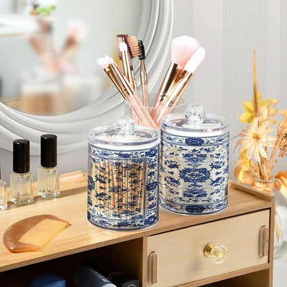 Milk Cow Qtip Holder with Lid 2PCS Apothecary Jars Storage Containers, Clear Plastic Canister for Cotton Swab,Floss Picks, Cosmetics (Porcelain Floral Pattern, one sizex4)