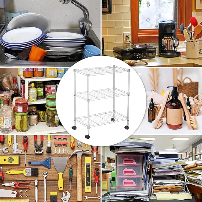 Wire Shelving 32" H x 23W x 13D Storage Shelf with Wheels Adjustable 3 Tier Metal Shelves Unit for Small Places Kitchen Storage Rack Shelf Organizer, 450Lbs Capacity, Chrome