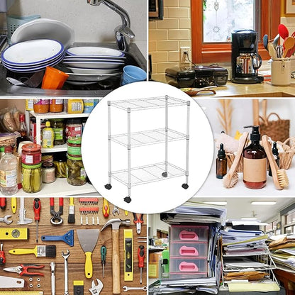 Wire Shelving 32" H x 23W x 13D Storage Shelf with Wheels Adjustable 3 Tier Metal Shelves Unit for Small Places Kitchen Storage Rack Shelf Organizer, 450Lbs Capacity, Chrome
