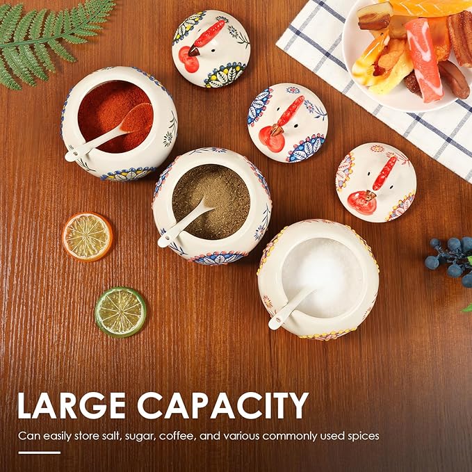3 Pack Ceramic Salt Cellar with Lid and Spoon, 13.5oz Salt Container Kitchen Countertop Salt Holder Spice Jar for Sugar, Pepper, Seasonings