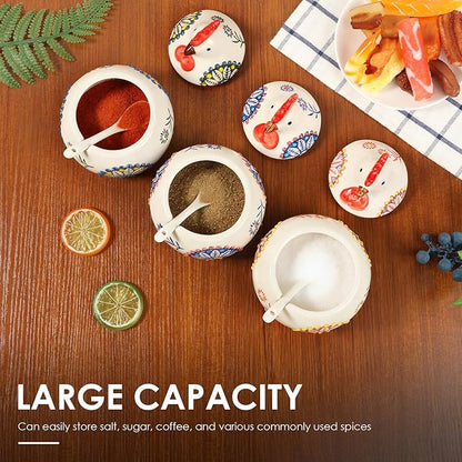 3 Pack Ceramic Salt Cellar with Lid and Spoon, 13.5oz Salt Container Kitchen Countertop Salt Holder Spice Jar for Sugar, Pepper, Seasonings