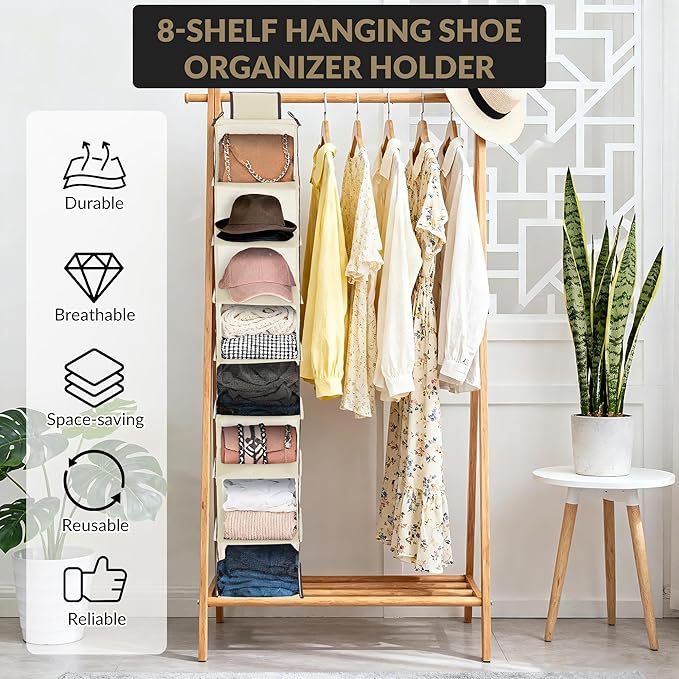 Garvee 3-Tier Hanging Shoe Organizer for Closet, Gray 8-Shelf Storage Holder with 2 Hooks, No Tools Needed Installation, Space-Saving Shelf for Shoes, Purses, Scarves, Accessories (3 Pack)