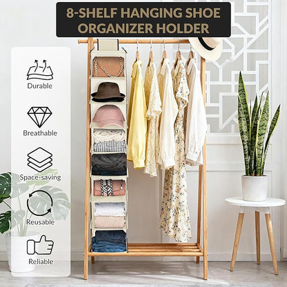 Garvee 3-Tier Hanging Shoe Organizer for Closet, Gray 8-Shelf Storage Holder with 2 Hooks, No Tools Needed Installation, Space-Saving Shelf for Shoes, Purses, Scarves, Accessories (3 Pack)