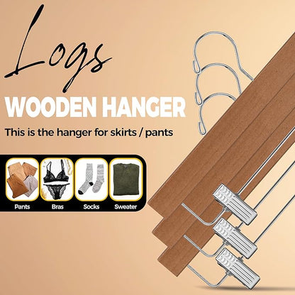 Quality Hangers Wooden Pants Hangers - 10-Pack Swivel Hook Cloth Hanger Set - Lotus Wood Skirt, Pant, Shorts and Slack Hangers with Adjustable Clip (Walnut - Chrome Hook, 10)