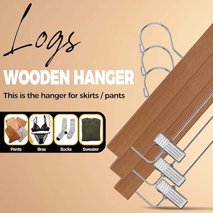 Quality Hangers Wooden Pants Hangers - 120-Pack Swivel Hook Cloth Hanger Set - Lotus Wood Skirt, Pant, Shorts and Slack Hangers with Adjustable Clip – Clothing Hanger Set (Walnut - Chrome Hook, 120)