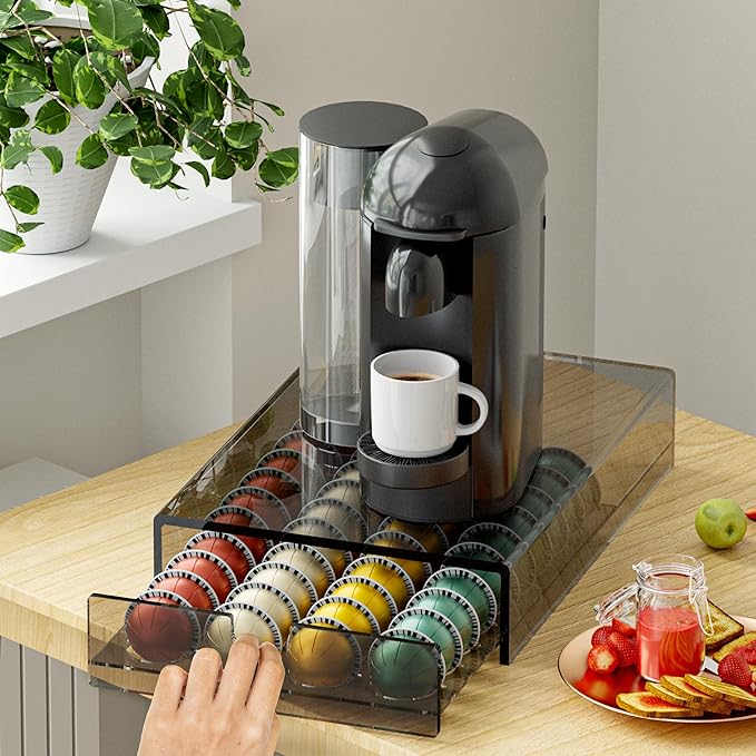 Acrylic Coffee Pod Organizer for Nespresso Vertuo Pod Holder 40 Pods Clear Vertuo Pod Storage Drawer (1 Tier) (Transparent Black)