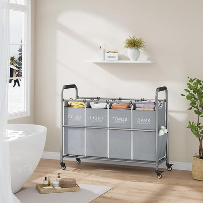 Tajsoon 4 Bag Laundry Sorter Cart, 4 Section Laundry Hamper Sorter with Heavy Duty Lockable Rolling Wheels, Laundry Separator Hamper with Removable Bags for Dirty Clothes Storage, Grey & White
