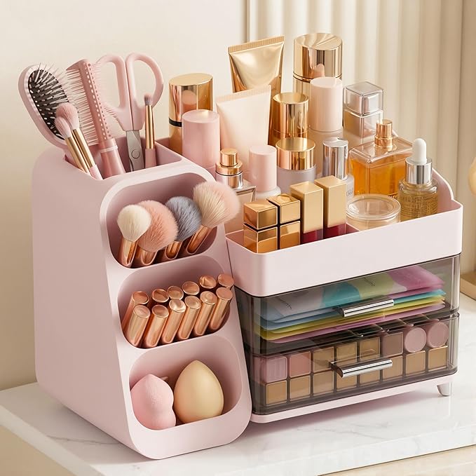 Large Capacity Makeup Organizer Countertop with Makeup Brush Holder for Vanity, Thickened Material, Bathroom Countertop Organizer Skin Care Perfumes Storage, Teen Girl Gifts for 12-23 Year（pink）