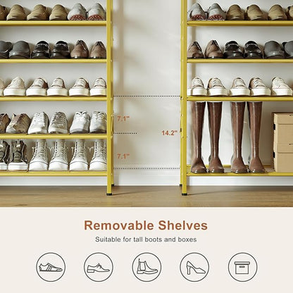 Shoe Rack with Coat Rack, 8 Tier Tall Shoe Storage Organizer with Hooks, 3-in-1, Wooden Top Shelf, Sturdy Frame, Metal Clothes Hanger Stand for Entryway, Closet, Gold