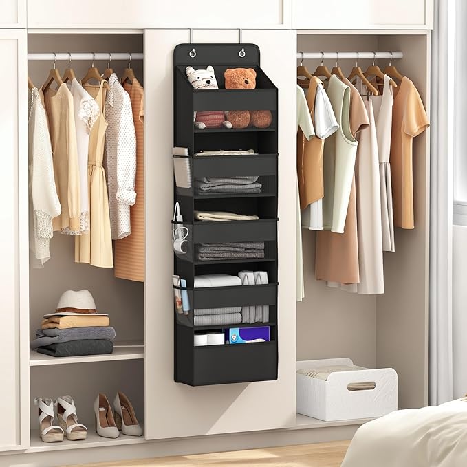 Kaitiemoo 1 Pack 5-Tier Over the Door Organizer, Heavy-Duty Large Deep Pocket Hanging With 5 Large Front & 6 Side Pockets With for Pantry, Kitchen, Bathroom, Dorm, Black