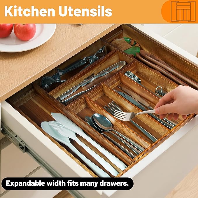 KITEISCAT Acacia Wood Expandable Silverware Organizer, Kitchen Utensil Drawer Organizer for Forks & Spoons, 8-Compartment Cutlery Tray, Flatware Holder