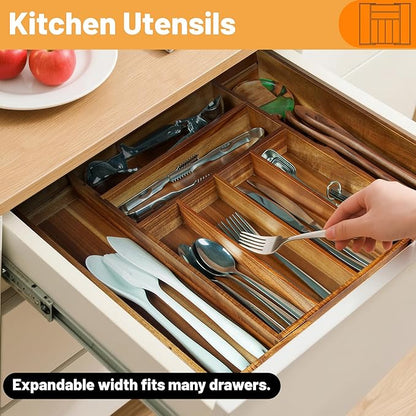 KITEISCAT Acacia Wood Expandable Silverware Organizer, Kitchen Utensil Drawer Organizer for Forks & Spoons, 8-Compartment Cutlery Tray, Flatware Holder