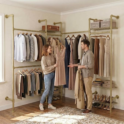 Wall Mounted Closet System – Adjustable Clothing Rack with 6 Hanging Clothes Rods( 4 Expandable Rods) & 6 Shelves, Heavy Duty Industrial Pipe Clothes Rack for Closet Organizer and Storage, Gold