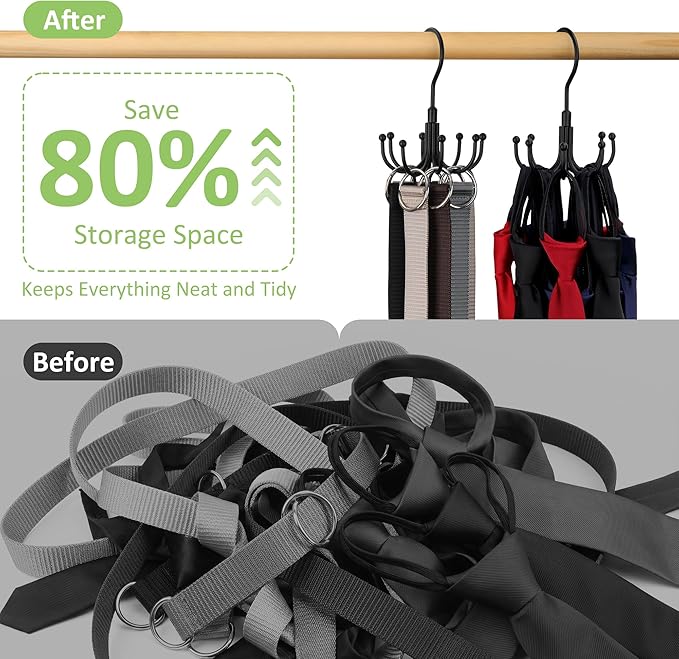 Belt Hanger, Rotatable Belt Organizer Rack for Closet Sturdy Max 24 Belts Storage with 8 Hooks, Hanging Space Saving Closet Organizers for Belts Holder, Black