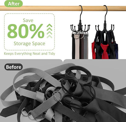 Belt Hanger, Rotatable Belt Organizer Rack for Closet Sturdy Max 24 Belts Storage with 8 Hooks, Hanging Space Saving Closet Organizers for Belts Holder, Black