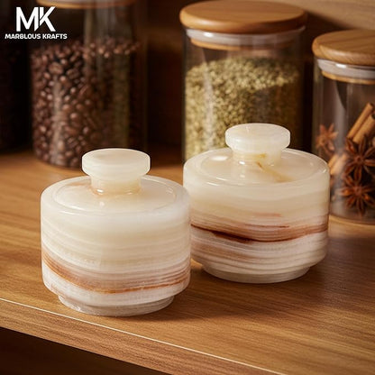 Marble Salt Cellar 3" Inch White & Onyx Salt Holders with Lid for Spice Jar, Stone Salt Containers, Modern Sugar and Candies Bowls, Perfect Mother’s Day Gift, Kitchen Storage, Decorative Salt Box