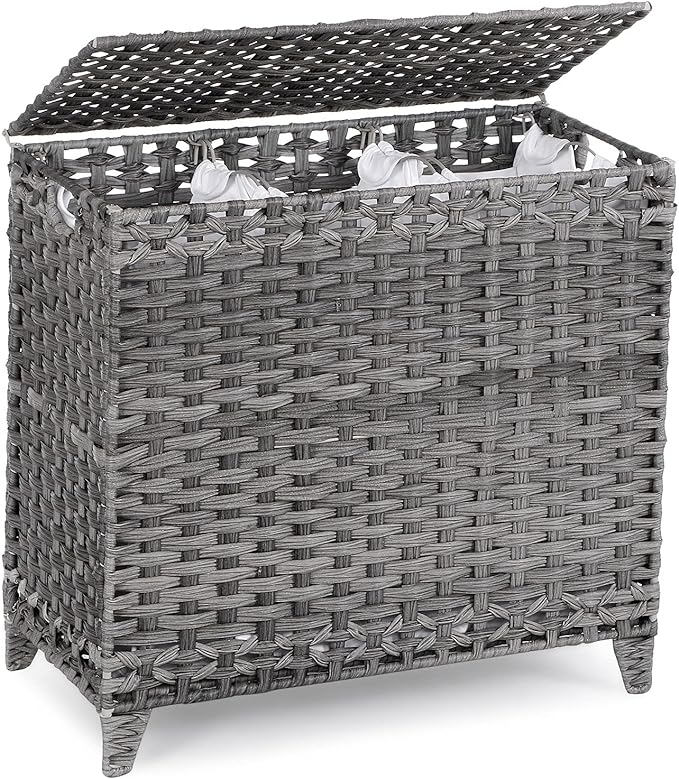 Laundry Hamper with 3 Removable Liner Bags; 132L Handwoven Rattan Laundry Basket with Lid & Heightened Feet; Clothes Hamper with Side Handles; Laundry Sorter with 3 Separate Sections