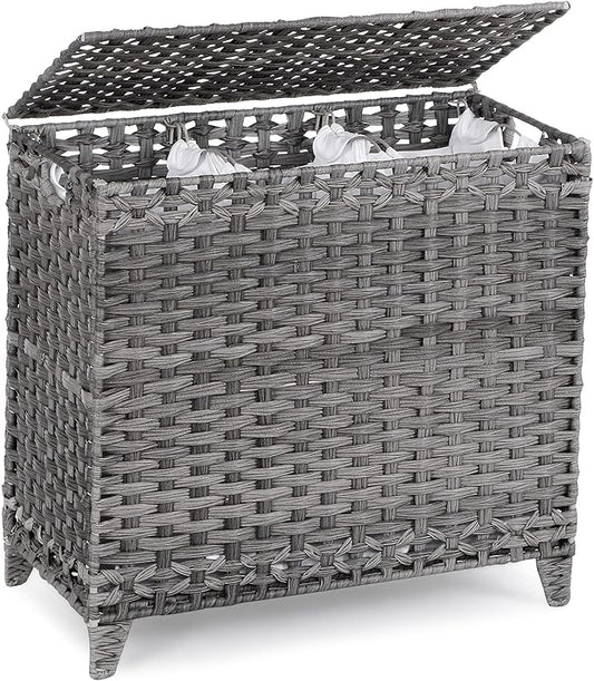 Laundry Hamper with 3 Removable Liner Bags; 132L Handwoven Rattan Laundry Basket with Lid & Heightened Feet; Clothes Hamper with Side Handles; Laundry Sorter with 3 Separate Sections