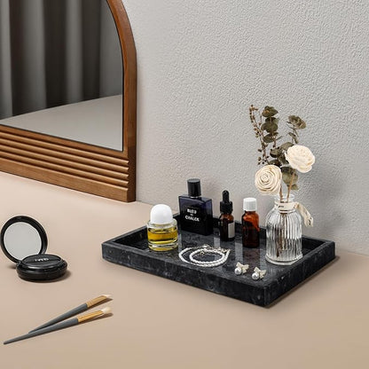 Real Natural Marble Tray for Bathroom, Vanity, Kitchen and Desktop, Rectangle Genuine Marble Stone Tray for Jewelry, Cosmetics, Candles, Lotion, Perfume and Home Decor Black