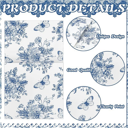 Sliner 50 Pieces White and Blue Floral Silverware Bags Paper Disposable Silverware Sleeves Blue Floral Cutlery Holder Chinoiserie Utensil Pouch Table Decoration for Wedding Cocktail Guest Tea Party